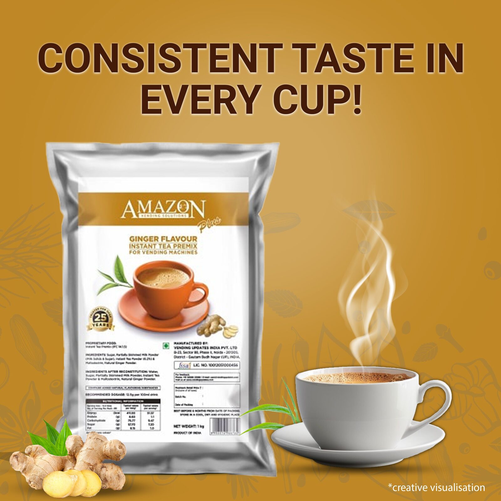 AMAZON Plus 3-in-1 Ginger Tea Premix – 1kg Pack view 2