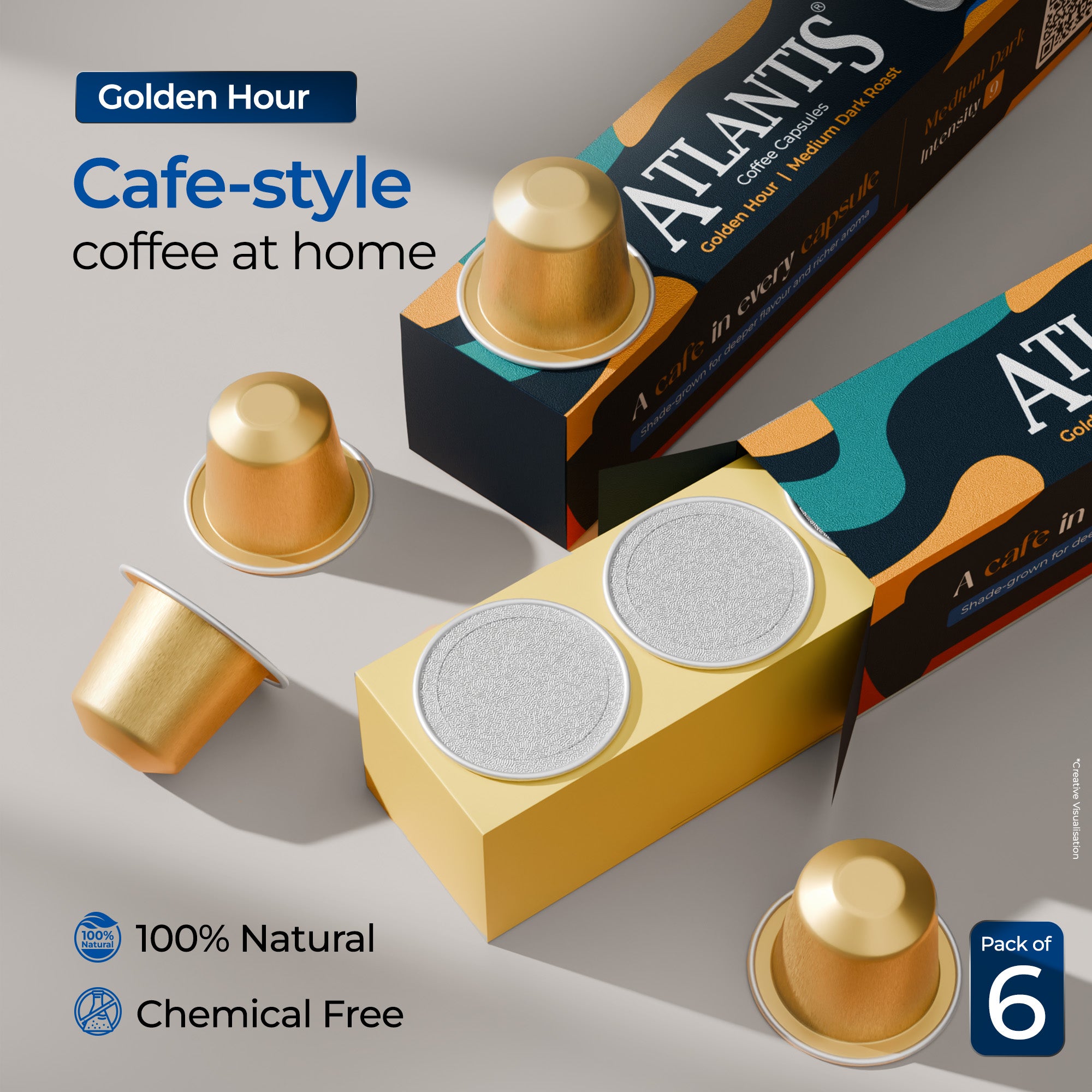 Atlantis Golden Hour Coffee Capsules | Nespresso Compatible | Medium Dark Roast | Intensity 9 | Pack of 6 view 1