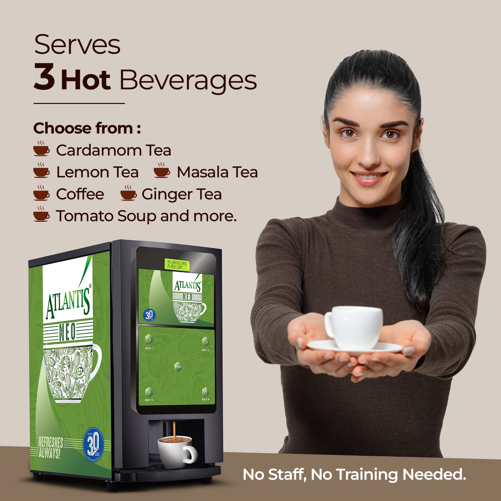 ATLANTIS NEO COIN OPERATED 3-Lane Tea and Coffee Vending Machine – Dedicated Hot Water view 2