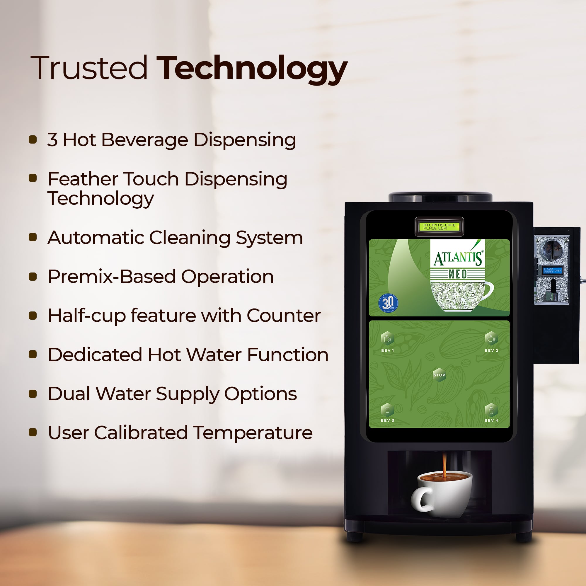 ATLANTIS NEO COIN OPERATED 3-Lane Tea and Coffee Vending Machine – Dedicated Hot Water view 7