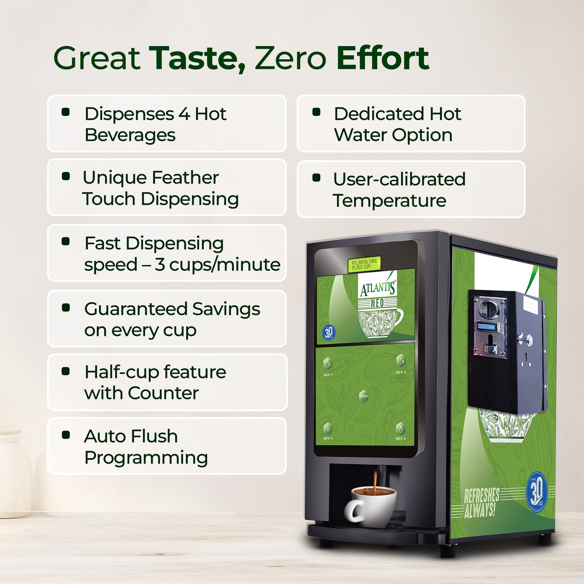 ATLANTIS NEO COIN OPERATED 4-Lane Tea Coffee Vending Machine – Dedicated Hot Water view 3